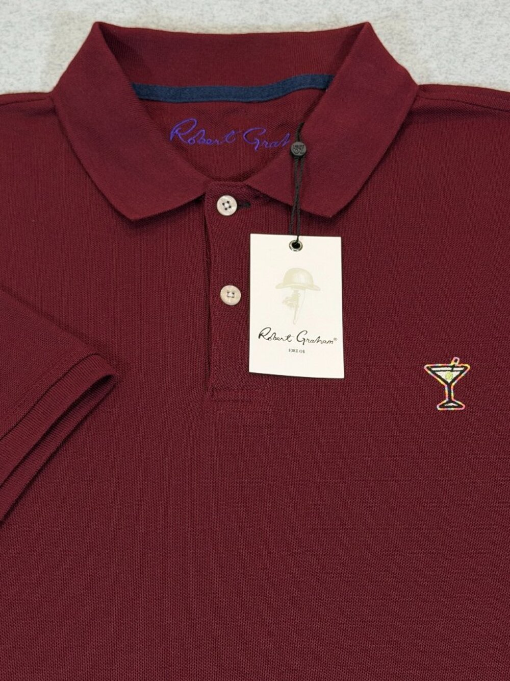 Robert Graham Belvar Polo Shirt Mens L Maroon Red Martini Cocktail Embroidered